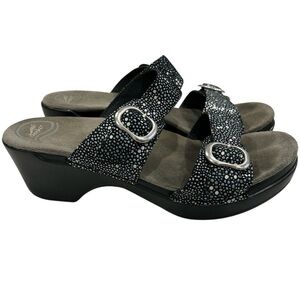 Dansko Sophie Comfort Wedge Slip On Buckle Sandals in Black Silver Dot